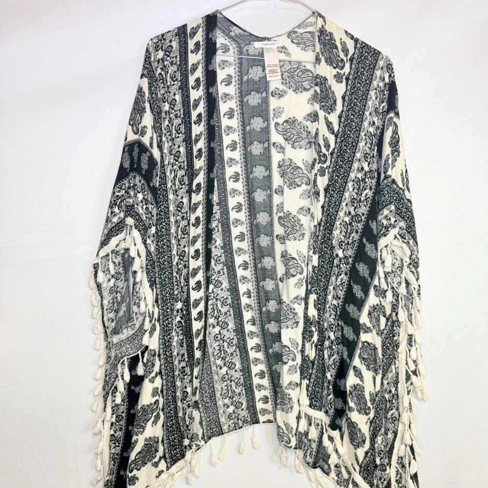 Maurices Womens Paisley Tassel Trim Kimono Wrap Black White One Size Boho